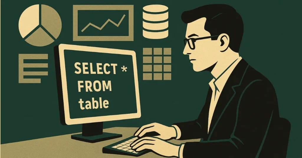 Ilustracja w stylu retro przedstawiająca mężczyznę pracującego przy komputerze, na którego ekranie widnieje zapytanie SQL: „SELECT * FROM table”. W tle widać wykresy, ikony baz danych i tabele – symbolizujące analizę danych w Power BI oraz użycie SQL i DAX w codziennej pracy.